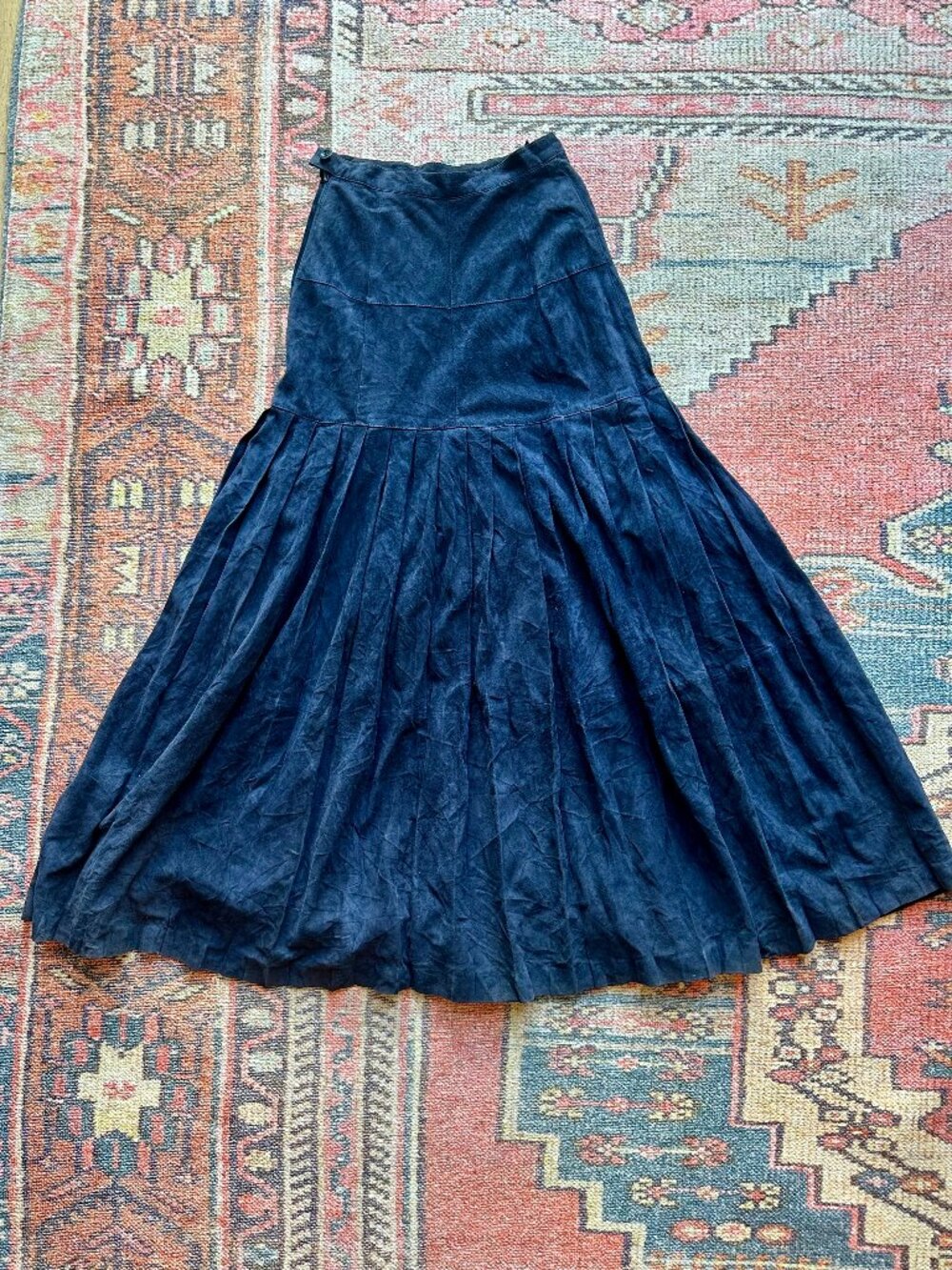Vintage Gianfranco Ferre Black Suede Pleated Drop Waist Midi Skirt